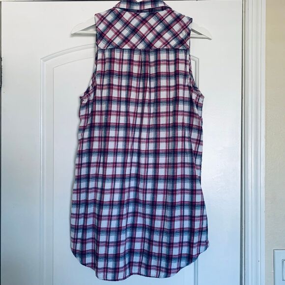 Forever 21 Red, Navy & White Plaid Flannel Button-Down Tunic Tank Shirt | Size L - Picture 8 of 10